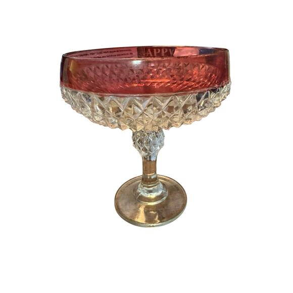Vintage Indiana Glass Cranberry Ruby Red Rim Diamond Point Candy Dish Compote - Picture 3 of 6